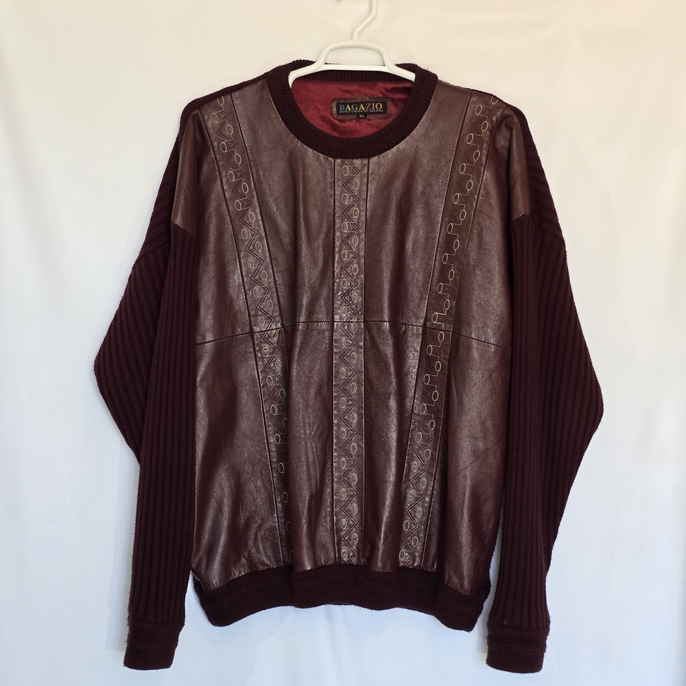 VTG 90s Bagazio Real Leather Knit Sweater Burgundy XL USA Pull over Longsleeve
